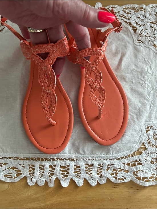 Bostan Design Studio Shoes - Braided T-Strap Sandals in Coral Orange